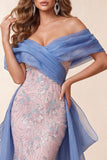 Blue and Pink Off the Shoulder Sequins Mermaid Long Pageant Dress with Train