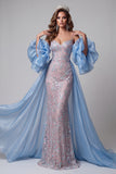 Blue and Pink Mermaid Floral Sequins Spaghetti Straps Long Pageant Dress Ruffle Train