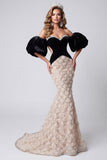 Black Mermaid Sweetheart Sequins Floral Long Cut Out Pageant Dress with Puff Sleeves
