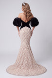 Black Mermaid Sweetheart Sequins Floral Long Cut Out Pageant Dress with Puff Sleeves