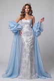 Light Blue Strapless Mermaid Floral Beaded Long Pageant Dress with Ruffle Train