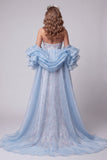 Light Blue Strapless Mermaid Floral Beaded Long Pageant Dress with Ruffle Train