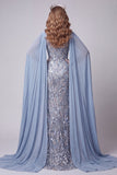 Grey Blue Mermaid Sequins Floral Cape Sleeves Long Pageant Dress with Slit