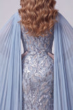 Grey Blue Mermaid Sequins Floral Cape Sleeves Long Pageant Dress with Slit
