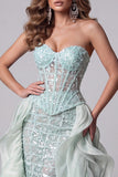 Mint Green Sweetheart Mermaid Sheer Corset Sequins Long Pageant Dress with Ruffle Train
