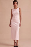 White Mermaid Cowl Neck Satin Midi Engagement Dress