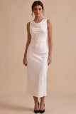 White Mermaid Cowl Neck Satin Midi Engagement Dress