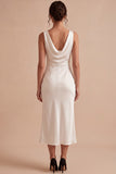 White Mermaid Cowl Neck Satin Midi Engagement Dress