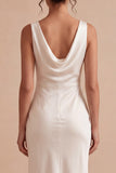 White Mermaid Cowl Neck Satin Midi Engagement Dress