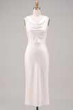 White Mermaid Cowl Neck Satin Midi Engagement Dress