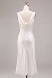 White Mermaid Cowl Neck Satin Midi Engagement Dress