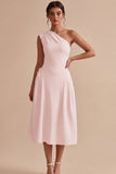 One Shoulder A-Line White Midi Engagement Dress