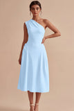 One Shoulder A-Line White Midi Engagement Dress