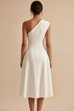 One Shoulder A-Line White Midi Engagement Dress