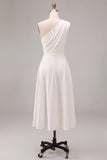 One Shoulder A-Line White Midi Engagement Dress