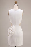 Bodycon Cut Out Round Neck Little White Dress with Bow