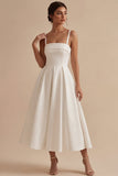White A-Line Spaghetti Straps Elegant Midi Engagement Dress