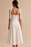 White A-Line Bowed Straps Midi Engagement Dress