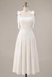 White A-Line Bowed Straps Midi Engagement Dress