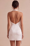 Halter Bodycon Ruched Backless Little White Dress