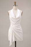 Halter Bodycon Ruched Backless Little White Dress