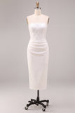 White Strapless Midi Bodycon Ruched Corset Engagement Dress with Slit
