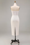 White Strapless Midi Bodycon Ruched Corset Engagement Dress with Slit