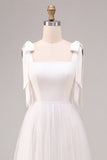A-Line White Square Neck Midi Tulle Engagement Dress with Bow