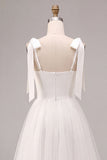 A-Line White Square Neck Midi Tulle Engagement Dress with Bow