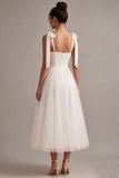 A-Line White Square Neck Midi Tulle Engagement Dress with Bow