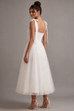 A-Line White Square Neck Midi Tulle Engagement Dress with Bow