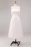 A-Line White Square Neck Midi Tulle Engagement Dress with Bow