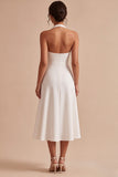 A-Line White Halter Neck Midi Engagement Dress
