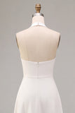 A-Line White Halter Neck Midi Engagement Dress