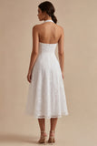 A-Line White Flower Halter Neck Midi Engagement Dress with Lace
