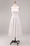 A-Line White Flower Halter Neck Midi Engagement Dress with Lace