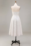 A-Line White Flower Halter Neck Midi Engagement Dress with Lace