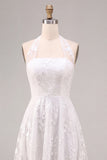 A-Line White Flower Halter Neck Midi Engagement Dress with Lace
