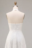 A-Line White Flower Halter Neck Midi Engagement Dress with Lace