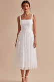 A-Line White Square Neck Floral Midi Engagement Dress