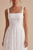 A-Line White Square Neck Floral Midi Engagement Dress