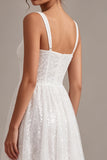 A-Line White Square Neck Floral Midi Engagement Dress