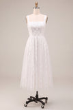 A-Line White Square Neck Floral Midi Engagement Dress