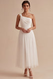 One Shoulder A-Line White Midi Engagement Dress