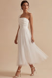 One Shoulder A-Line White Midi Engagement Dress