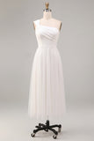 One Shoulder A-Line White Midi Engagement Dress