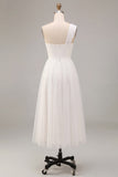 One Shoulder A-Line White Midi Engagement Dress