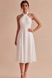 White Halter Neck A-Line Midi Engagement Dress with Lace