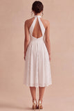 White Halter Neck A-Line Midi Engagement Dress with Lace