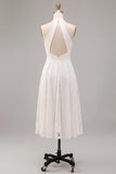 White Halter Neck A-Line Midi Engagement Dress with Lace